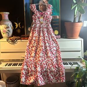 Betsey Johnson Red Strawberries Raspberries Maxi Dress M NWT